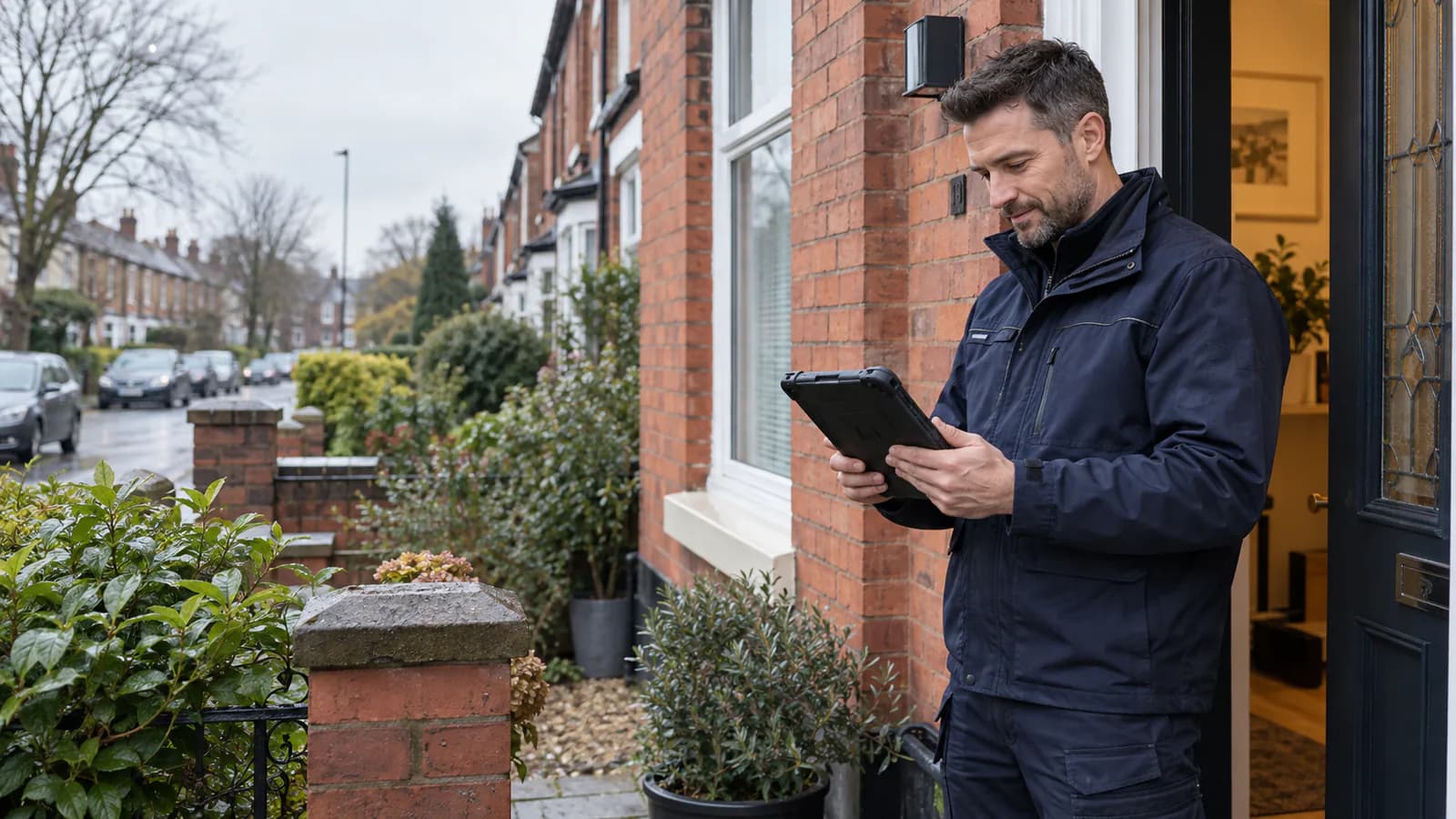 Assessor with tablet outside a client's front door