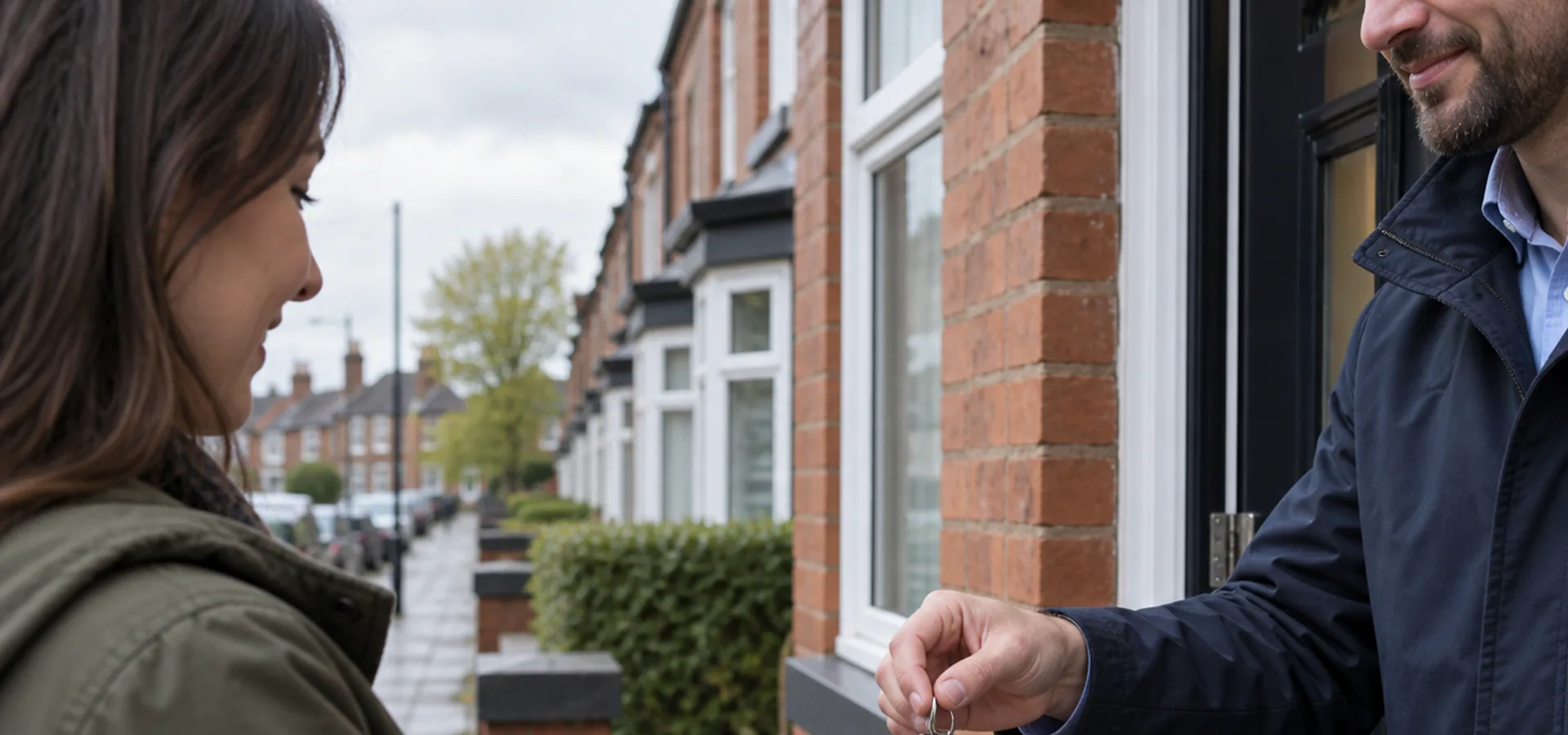 Keys being handed over in front of a rental property