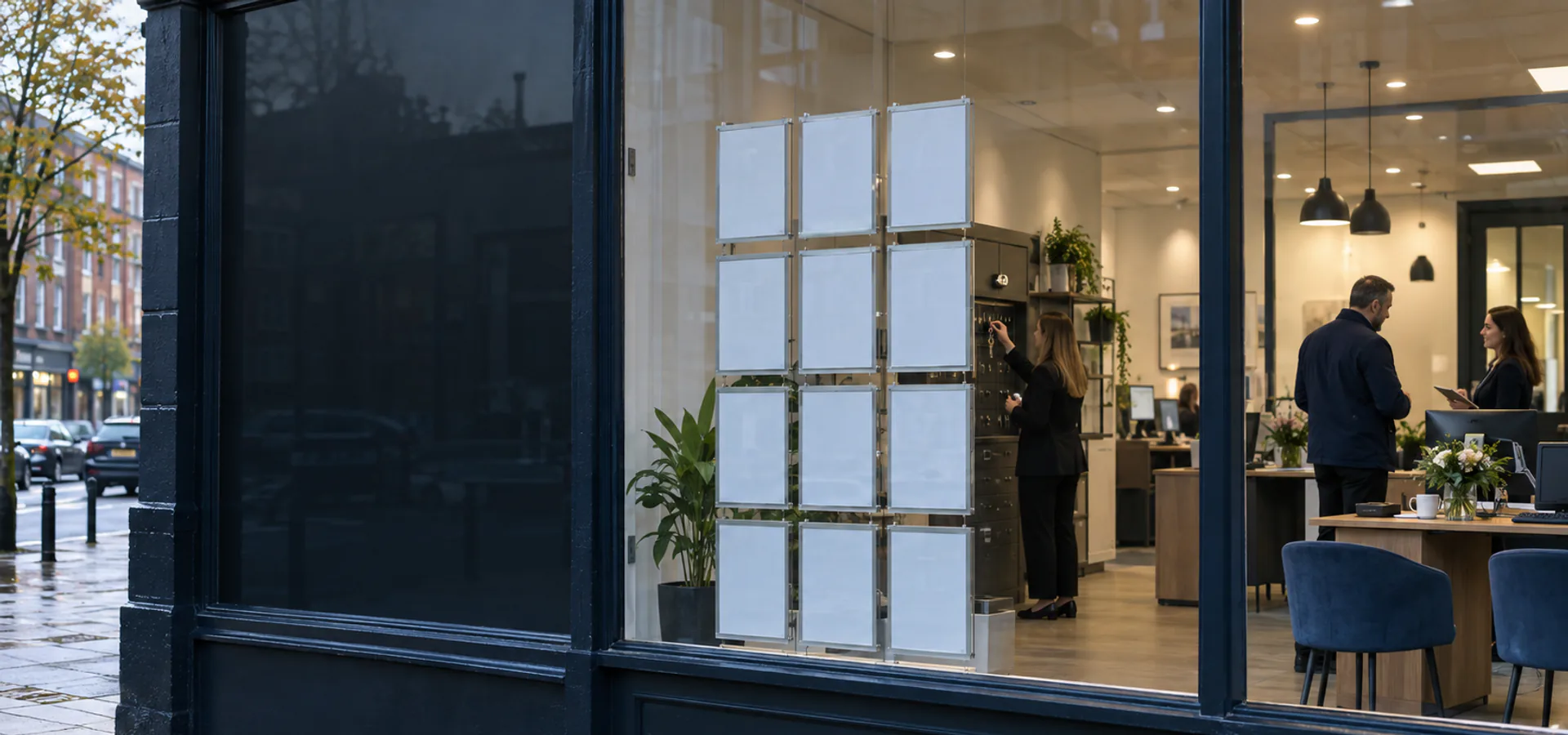 Estate agency office with property listings in the window
