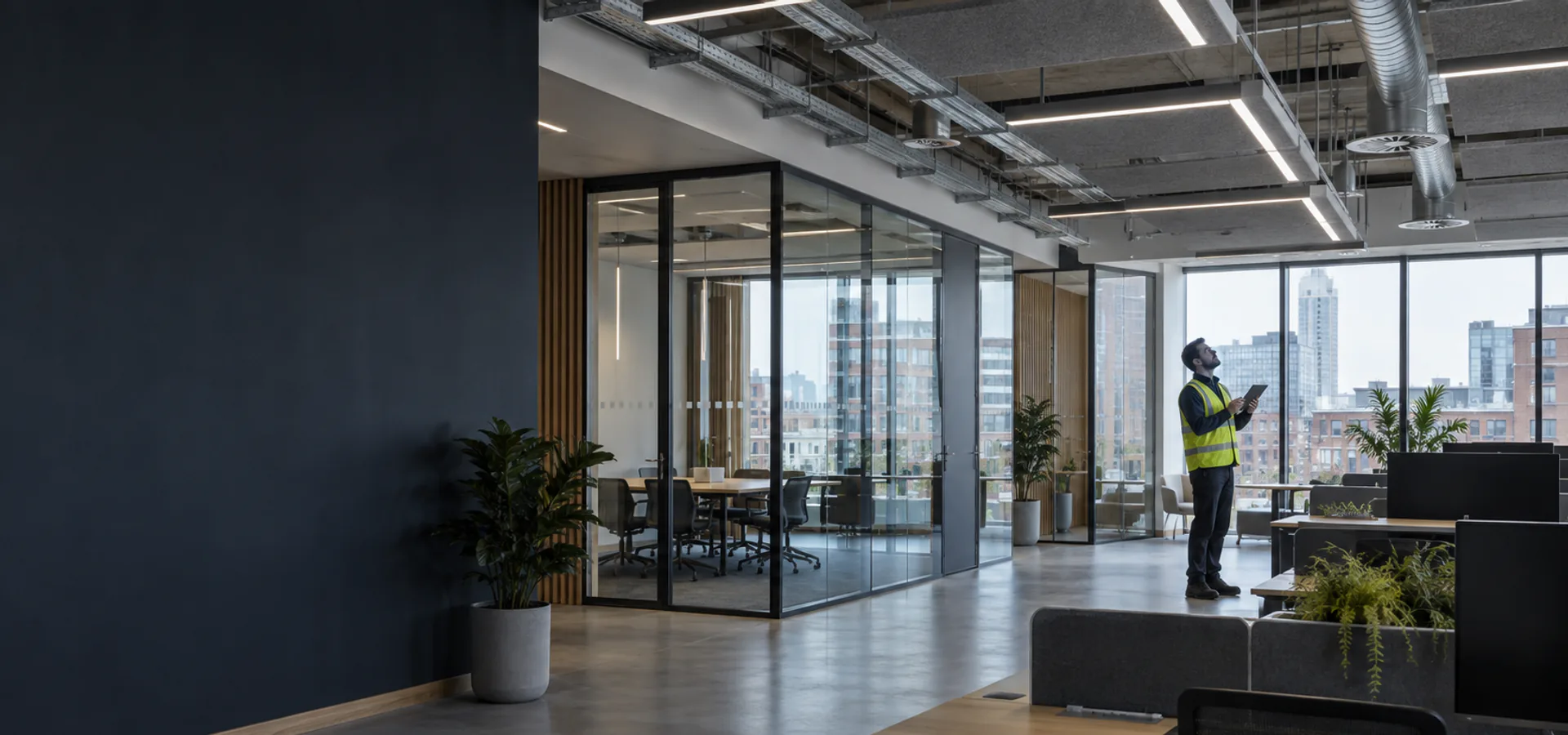 Contemporary office interior with glass partitions