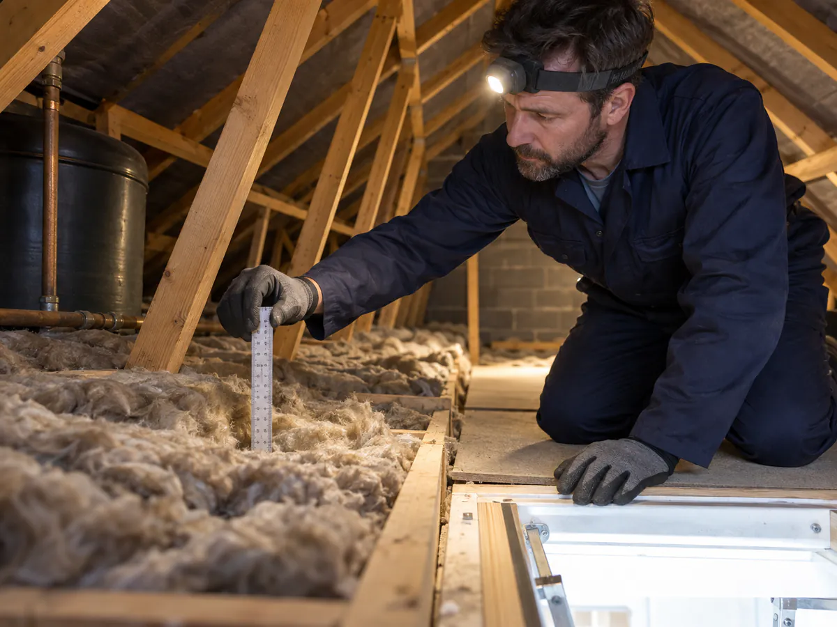 Assessor inspecting loft insulation depth