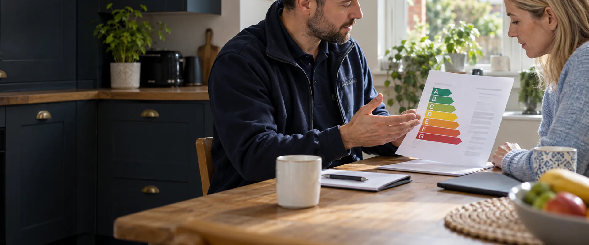 Assessor explaining an EPC to a customer at a kitchen table