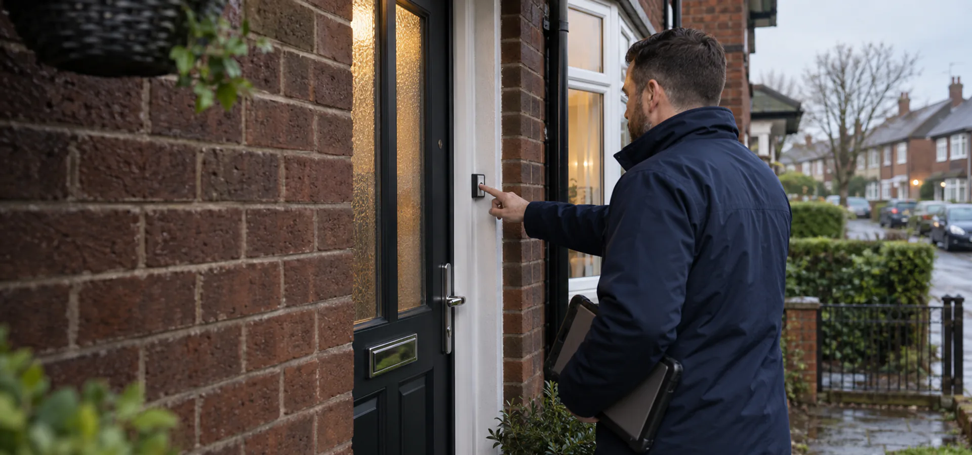 Assessor ringing a doorbell with a tablet in hand