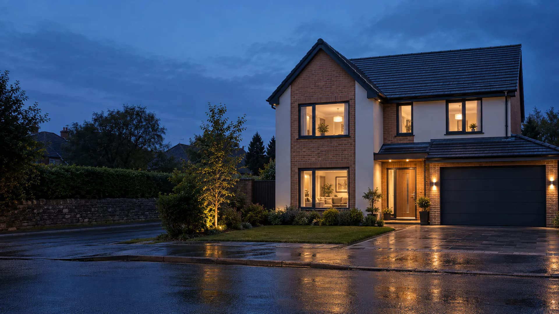 Modern detached home glowing at dusk with the lights on