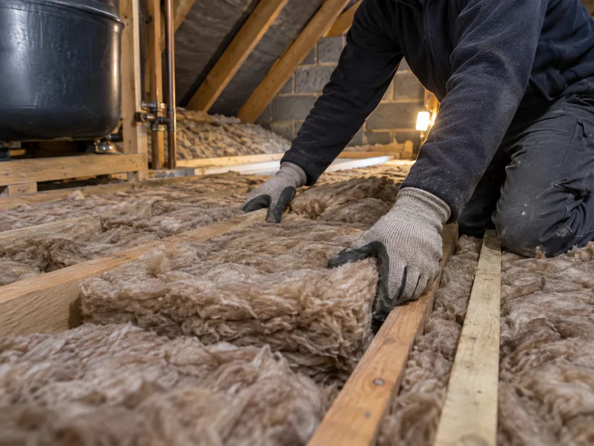 Loft insulation being installed in a UK home
